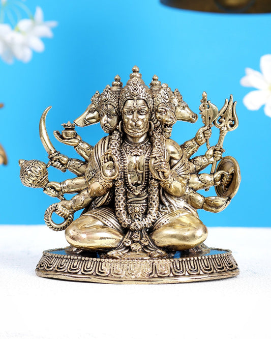 Brass Superfine Panchmukhi Hanuman Idol with Crossed Legs – Highly Detailed Divine Sculpture (5 Inches) - Budhshiv.com