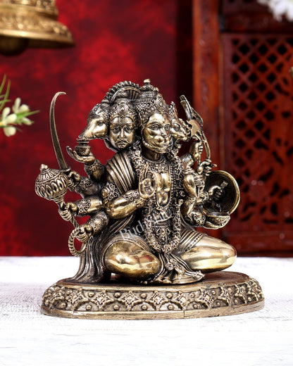 Brass Superfine Panchmukhi Hanuman Seated Cross-Legged Idol | Intricate Five-Faced 5 inch - Budhshiv.com
