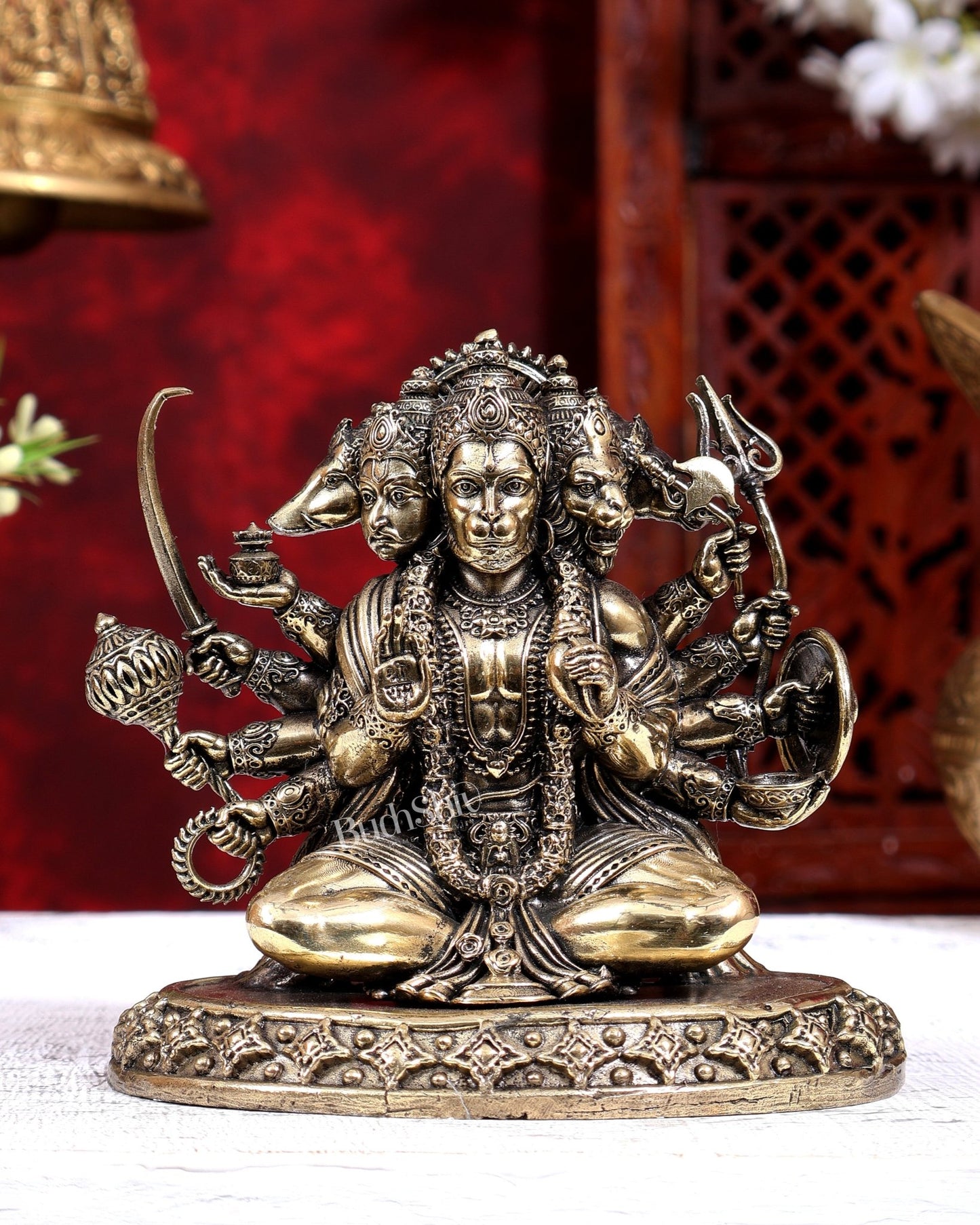 Brass Superfine Panchmukhi Hanuman Seated Cross-Legged Idol | Intricate Five-Faced 5 inch - Budhshiv.com