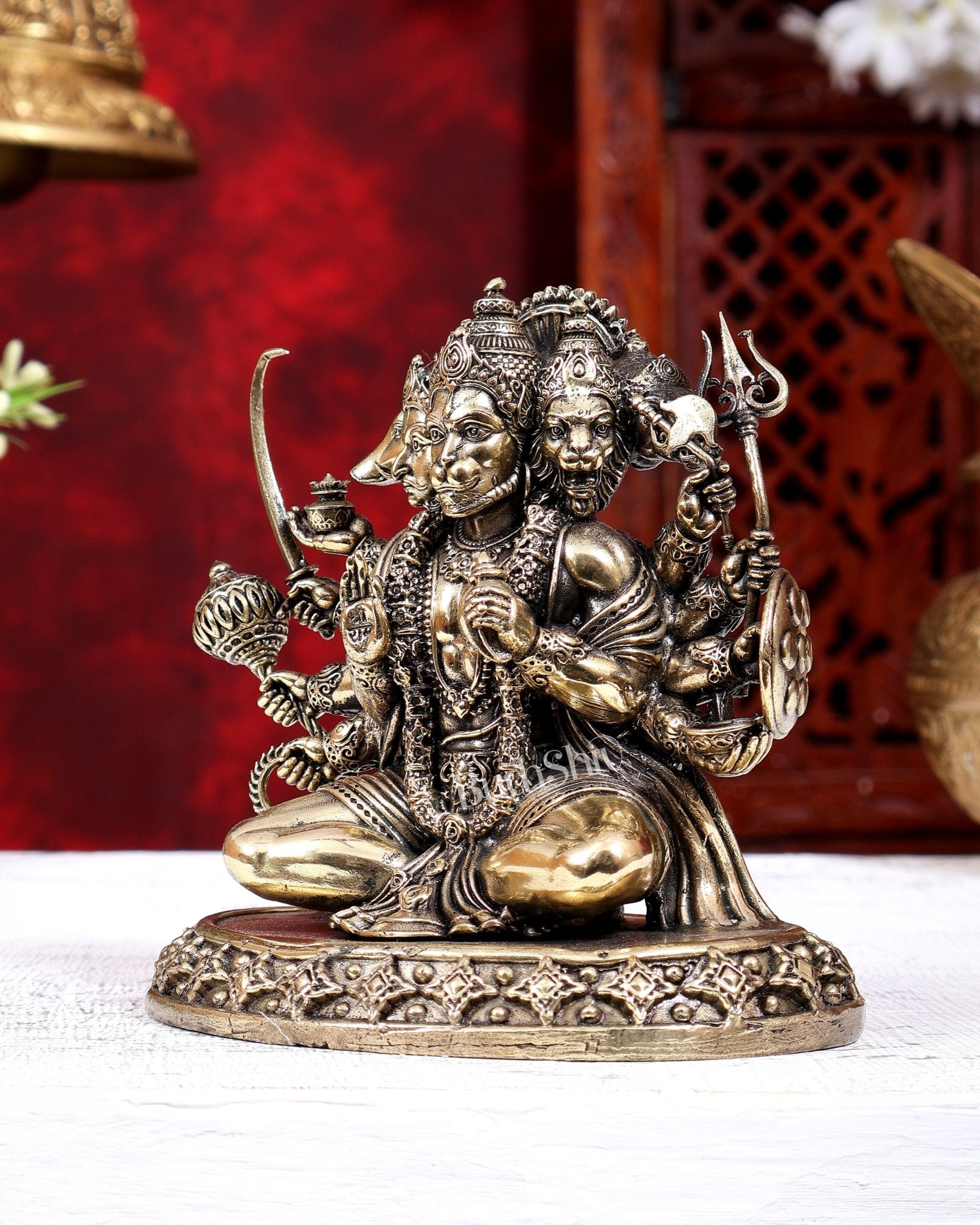 Brass Superfine Panchmukhi Hanuman Seated Cross-Legged Idol | Intricate Five-Faced 5 inch - Budhshiv.com