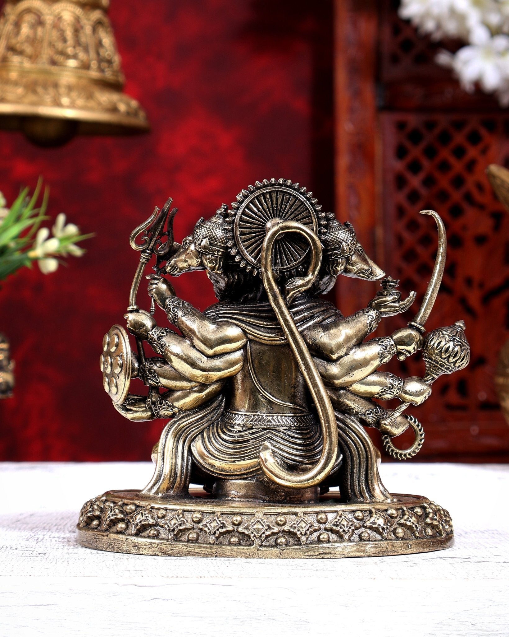 Brass Superfine Panchmukhi Hanuman Seated Cross-Legged Idol | Intricate Five-Faced 5 inch - Budhshiv.com