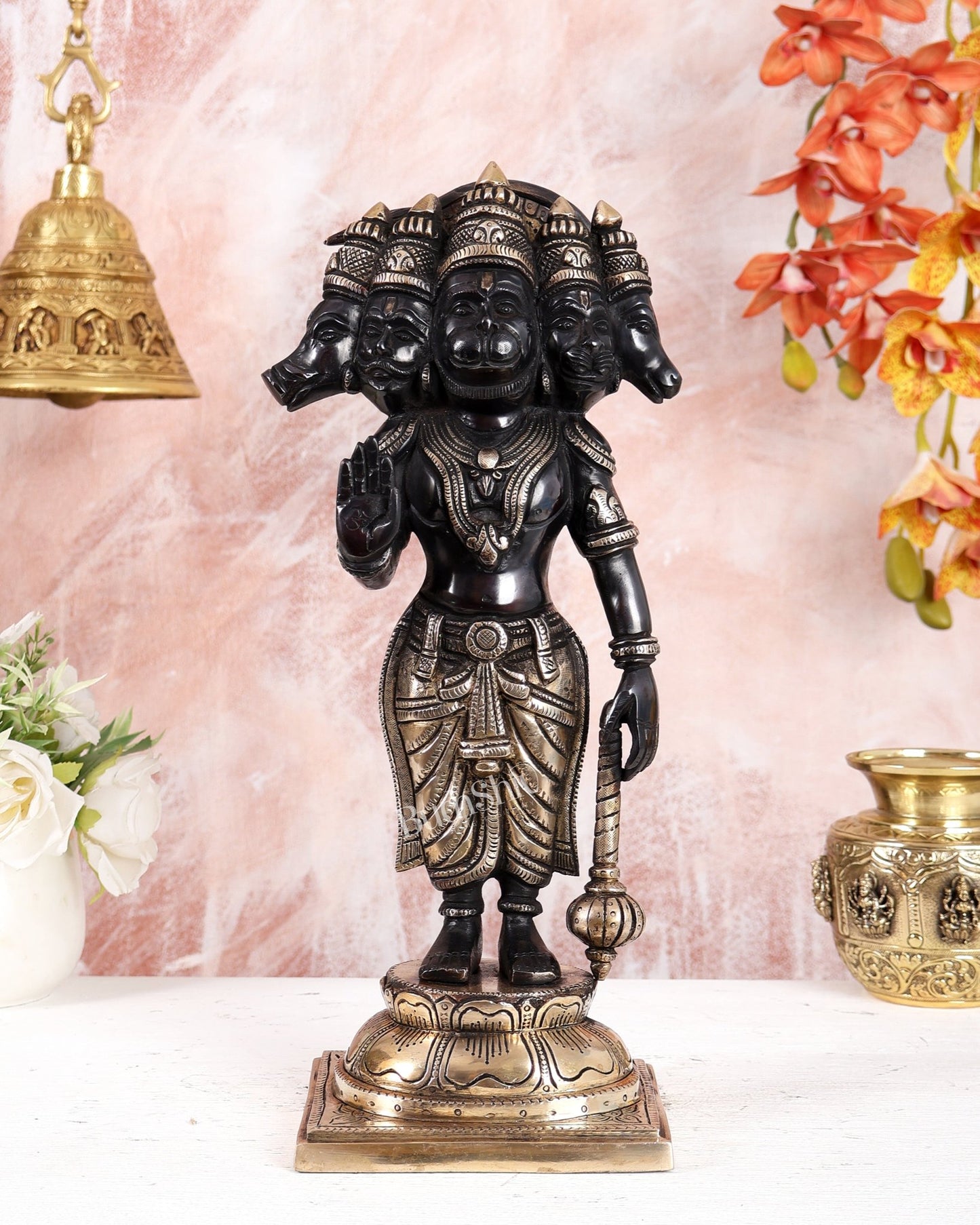 Brass Superfine Panchmukhi Hanuman Standing Idol – Black Finish Heavy Handcrafted Statue (14 Inches) - Budhshiv.com