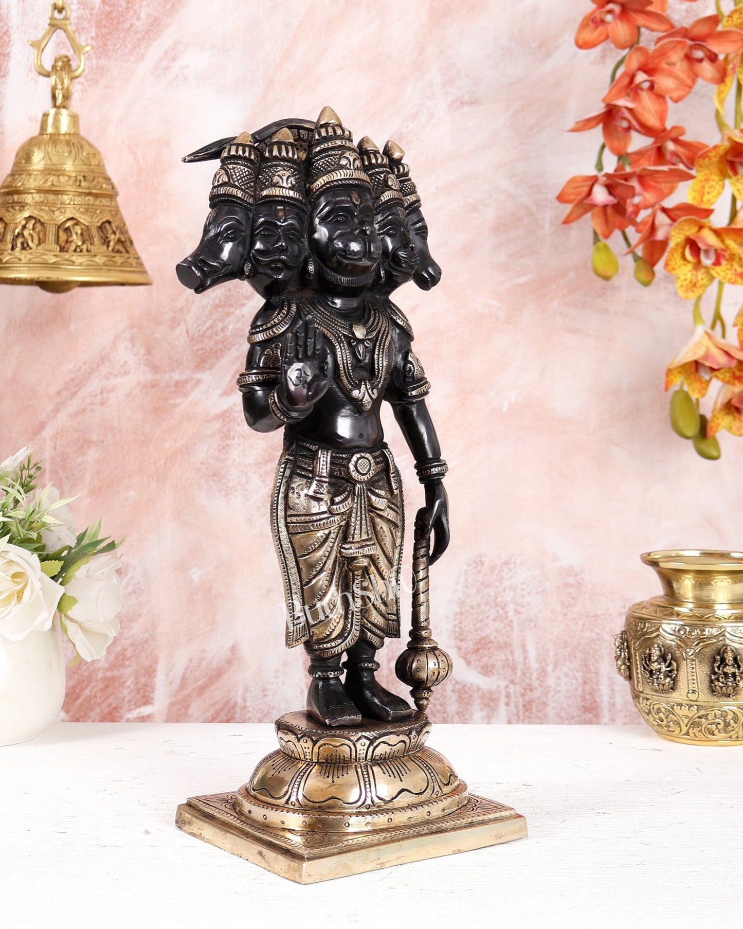 Brass Superfine Panchmukhi Hanuman Standing Idol – Black Finish Heavy Handcrafted Statue (14 Inches) - Budhshiv.com