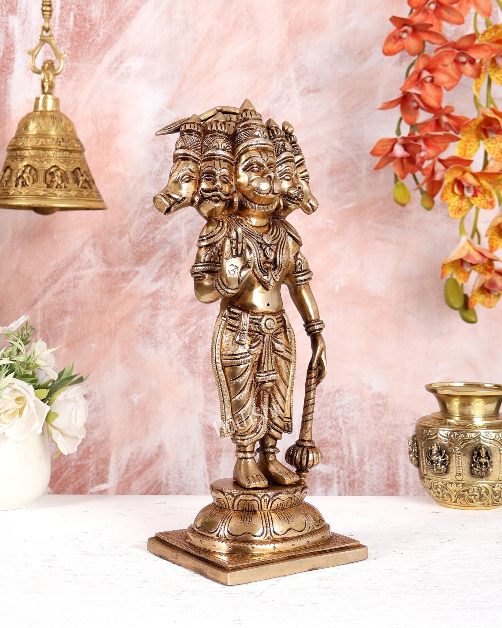 Brass Superfine Panchmukhi Hanuman Standing Idol – Heavy Handcrafted Divine Statue (14 Inches) - Budhshiv.com
