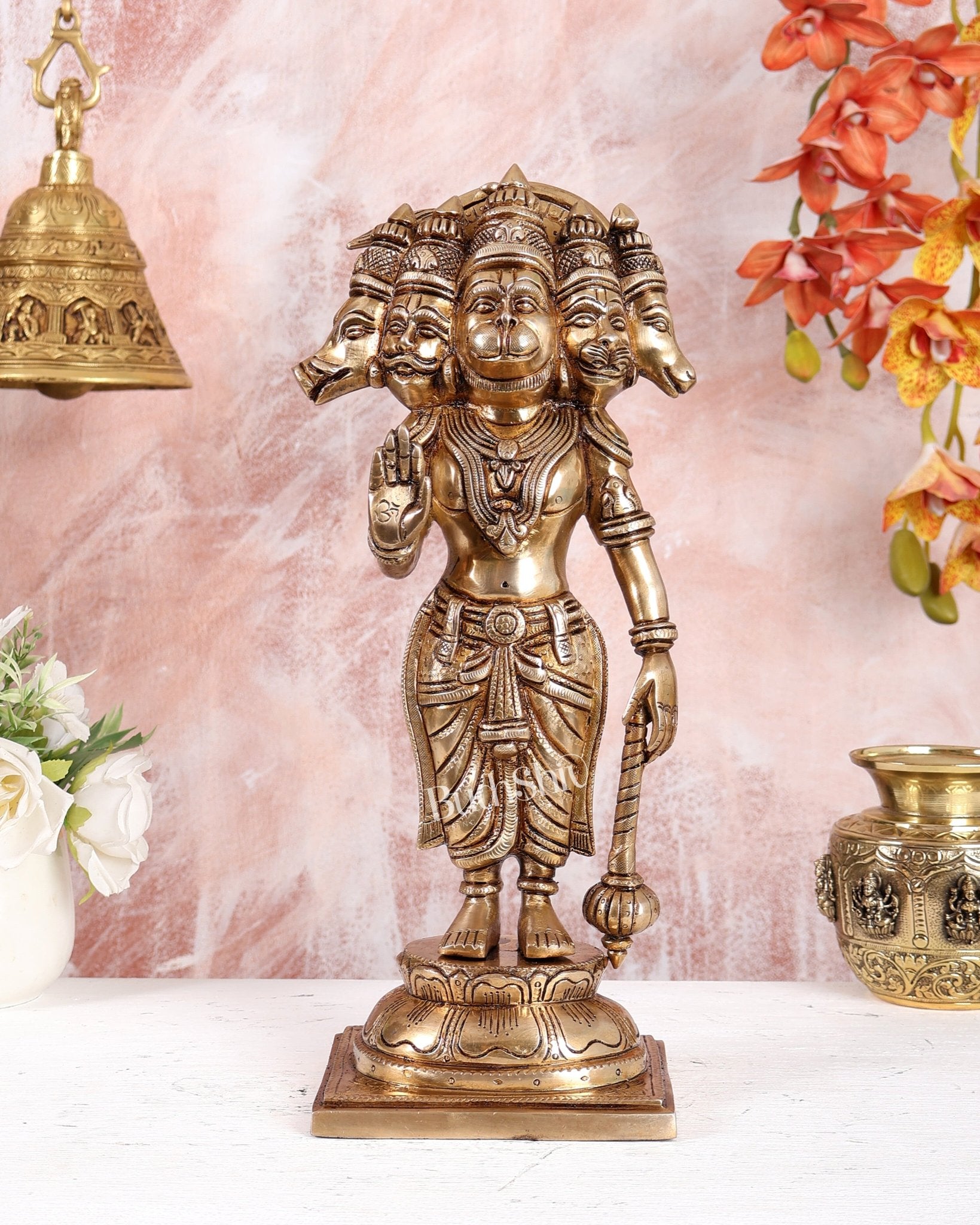 Brass Superfine Panchmukhi Hanuman Standing Idol – Heavy Handcrafted Divine Statue (14 Inches) - Budhshiv.com