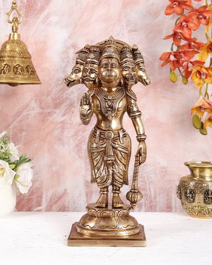 Brass Superfine Panchmukhi Hanuman Standing Idol – Heavy Handcrafted Divine Statue (14 Inches) - Budhshiv.com