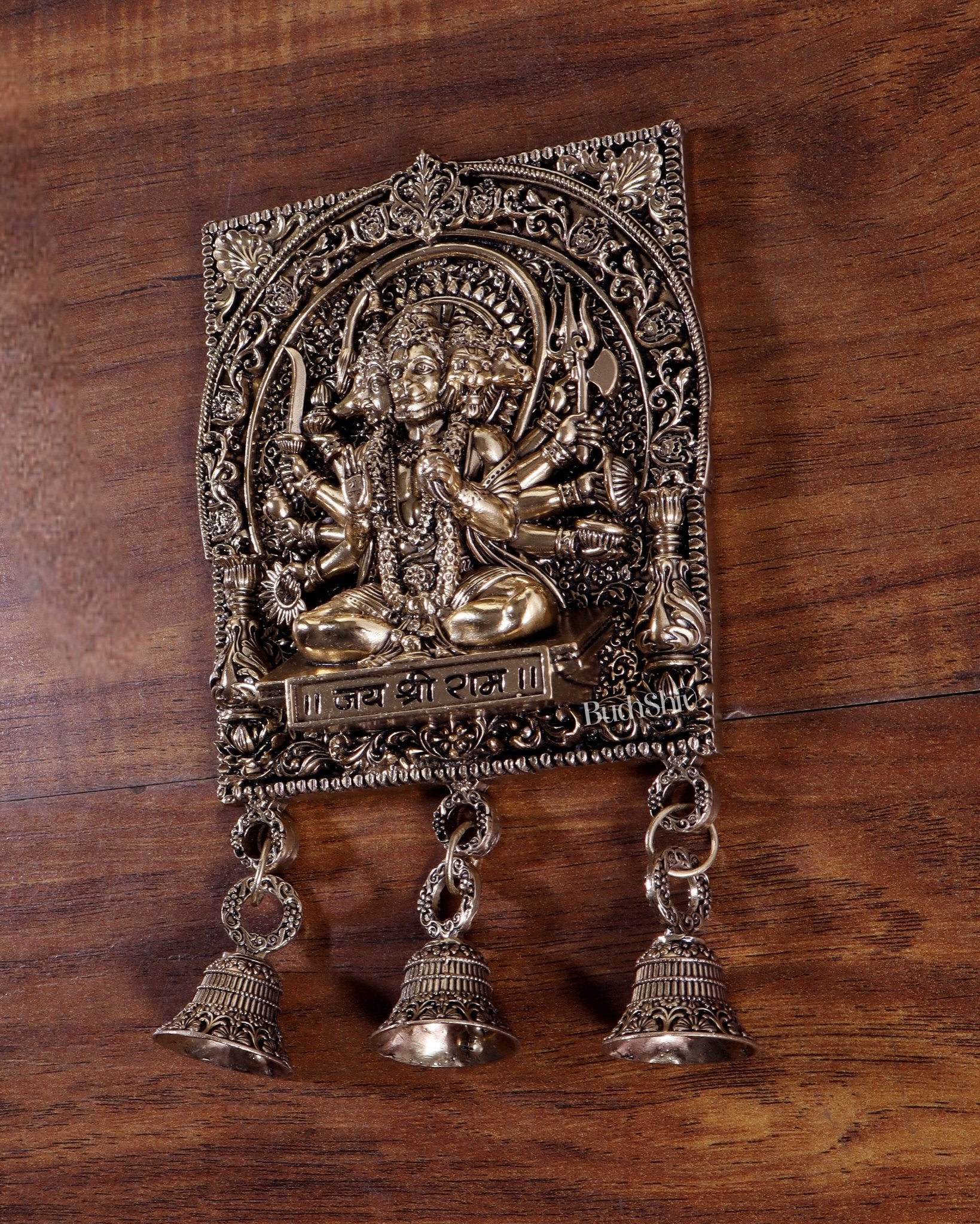 Brass Superfine Panchmukhi Hanuman Wall Hanging with Jai Shri Ram Carvings - Budhshiv.com