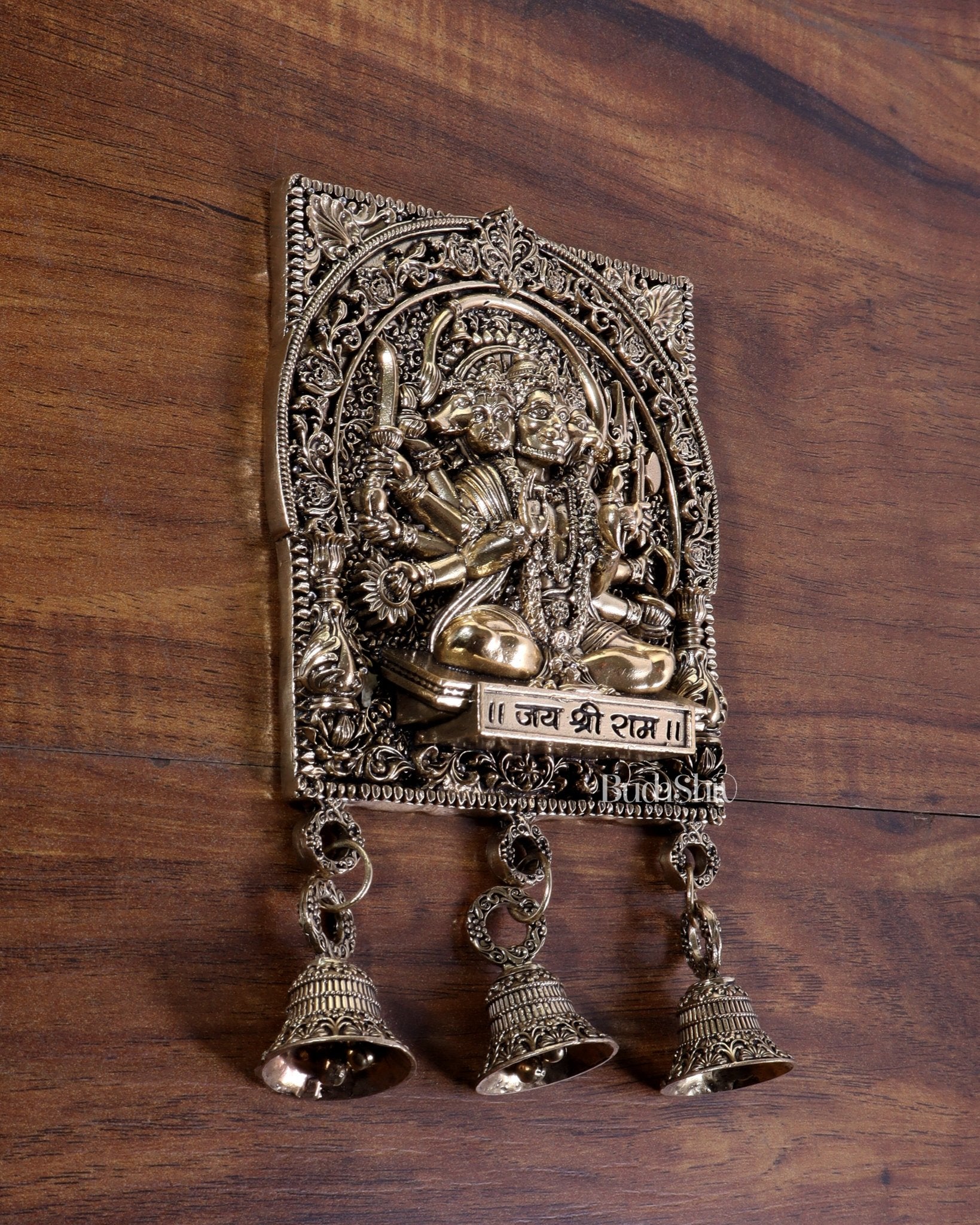 Brass Superfine Panchmukhi Hanuman Wall Hanging with Jai Shri Ram Carvings - Budhshiv.com