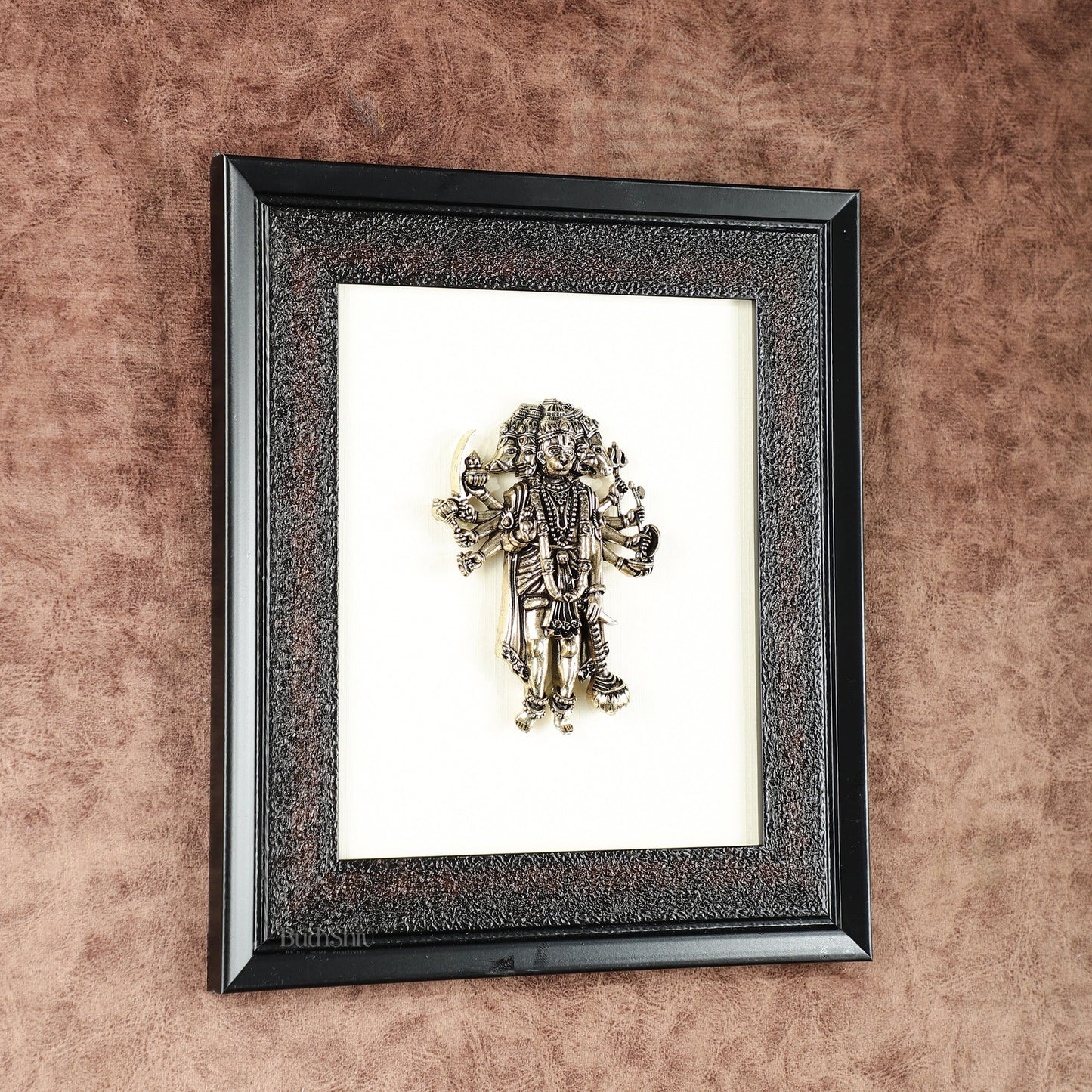 Brass Superfine Panchmukhi Hanuman Wall Hanging with wooden frame – 9.5 Inch - Budhshiv.com