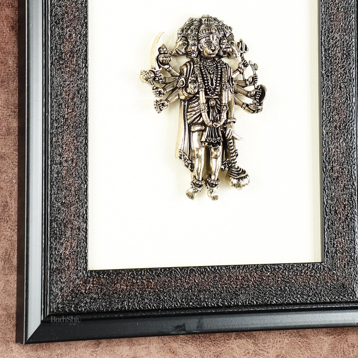 Brass Superfine Panchmukhi Hanuman Wall Hanging with wooden frame – 9.5 Inch - Budhshiv.com