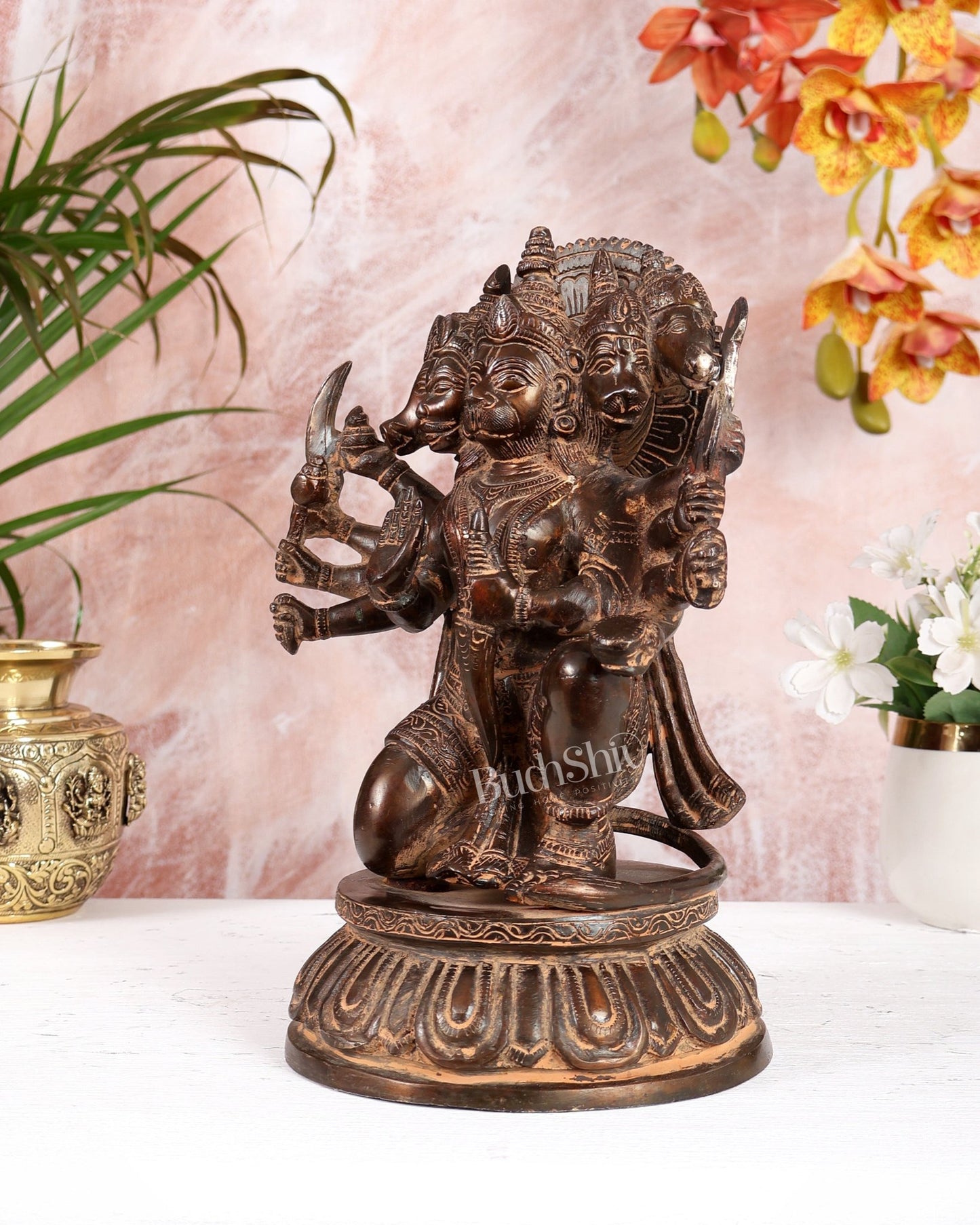 Brass Superfine Panchmukhi Hanuman with sand finish patina - 10" - Budhshiv.com