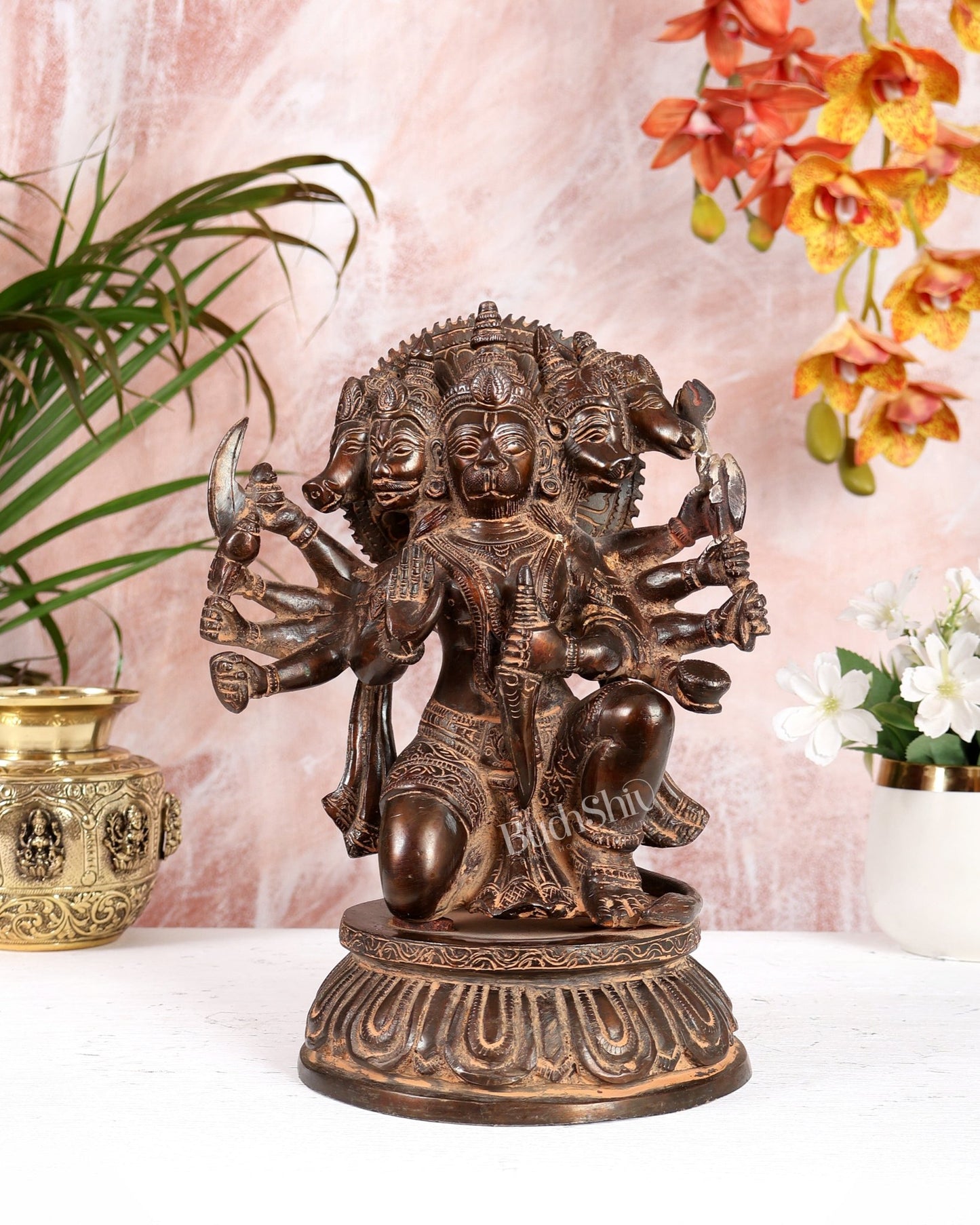 Brass Superfine Panchmukhi Hanuman with sand finish patina - 10" - Budhshiv.com