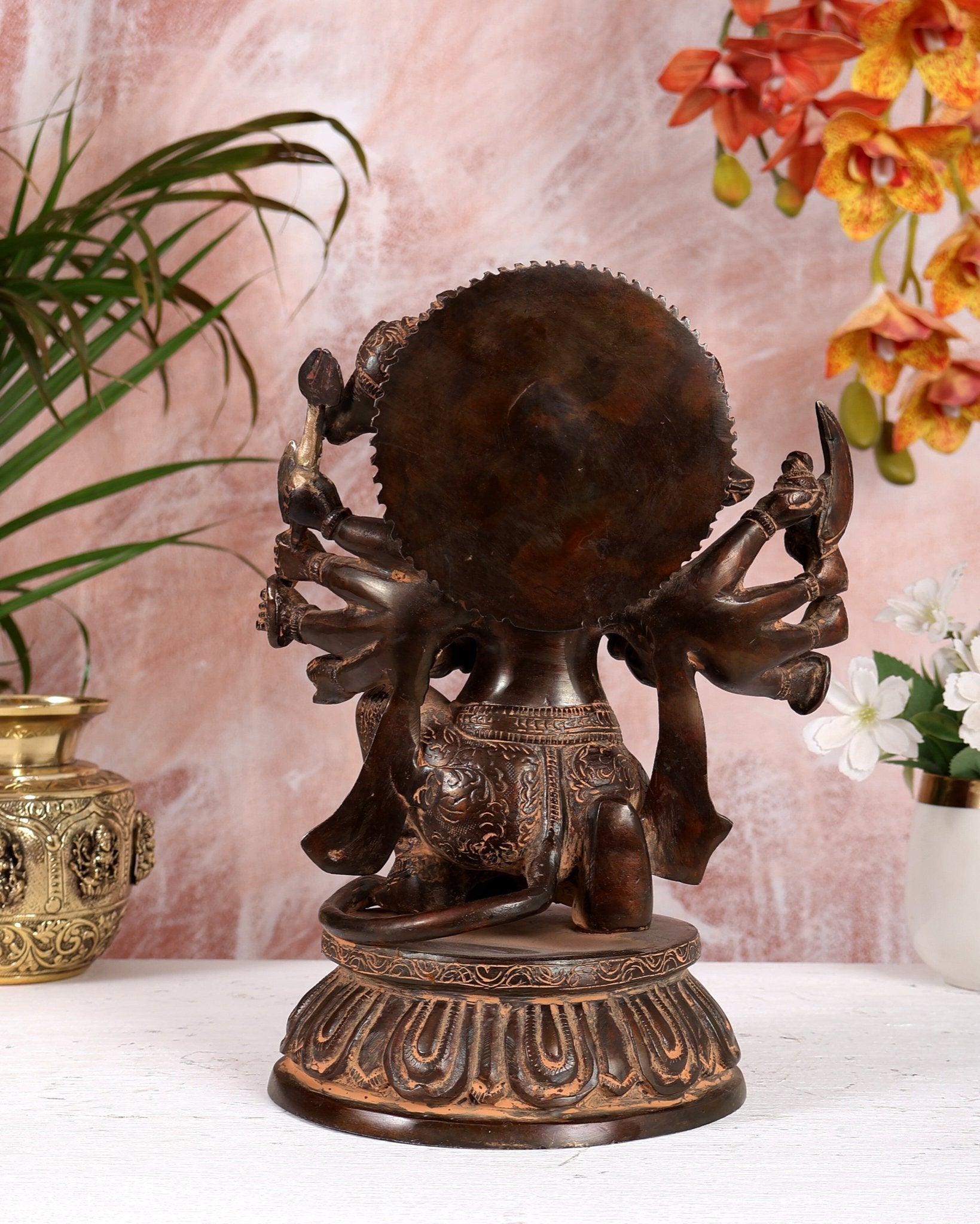 Brass Superfine Panchmukhi Hanuman with sand finish patina - 10" - Budhshiv.com