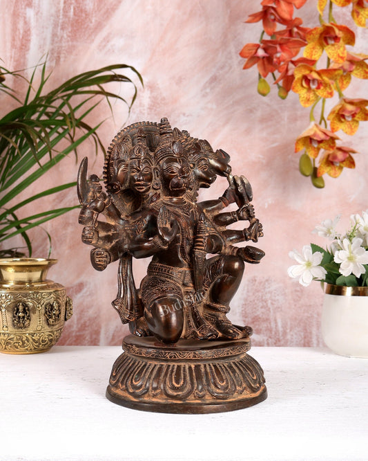Brass Superfine Panchmukhi Hanuman with sand finish patina - 10" - Budhshiv.com