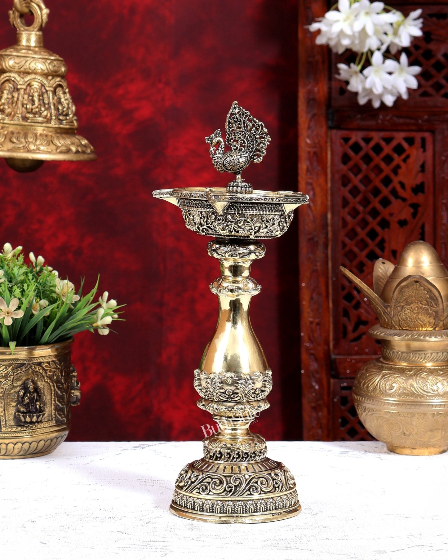 Brass Superfine Peacock Annam Pakshi Diya Oil Lamp | Intricate Carvings | Pure Brass Temple Lamp 12 inch - Budhshiv.com