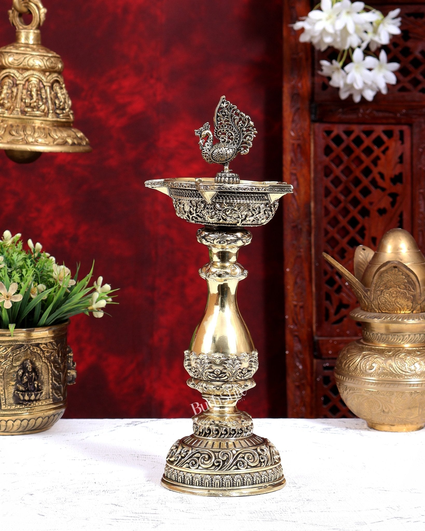 Brass Superfine Peacock Annam Pakshi Diya Oil Lamp | Intricate Carvings | Pure Brass Temple Lamp 12 inch - Budhshiv.com
