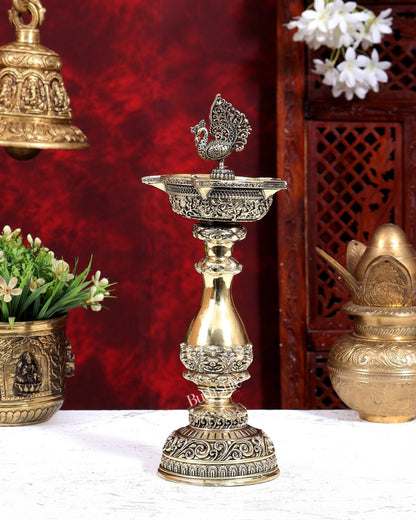 Brass Superfine Peacock Annam Pakshi Diya Oil Lamp | Intricate Carvings | Pure Brass Temple Lamp 12 inch - Budhshiv.com