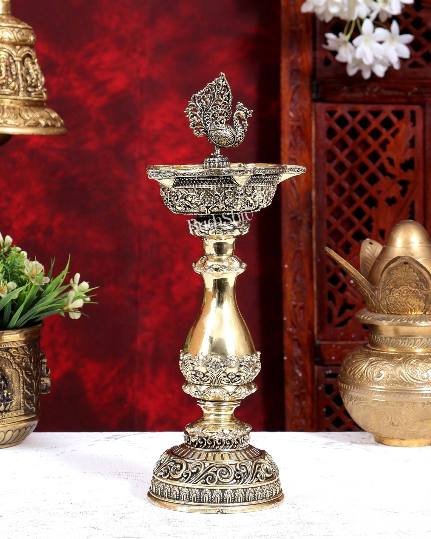 Brass Superfine Peacock Annam Pakshi Diya Oil Lamp | Intricate Carvings | Pure Brass Temple Lamp 12 inch - Budhshiv.com
