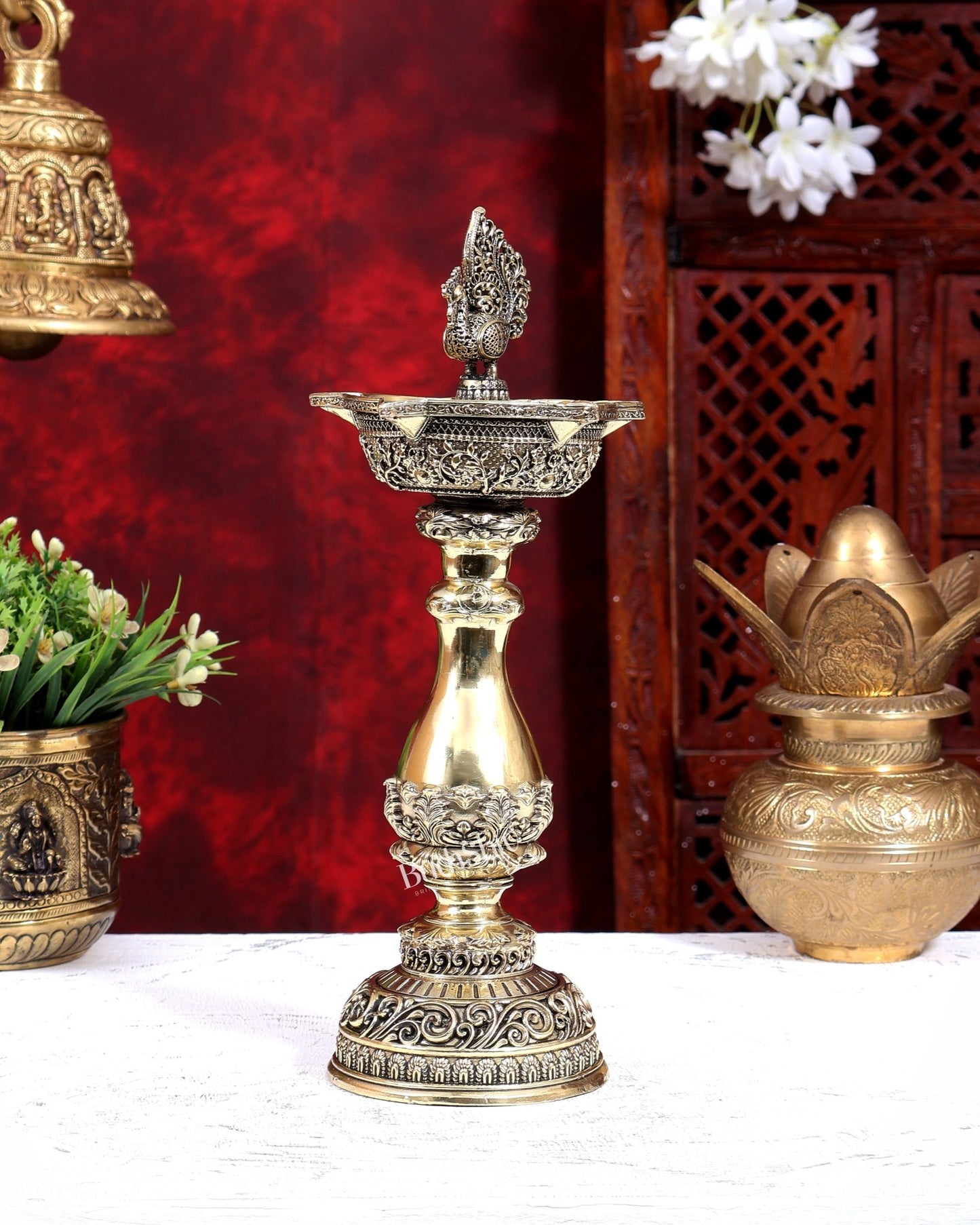 Brass Superfine Peacock Annam Pakshi Diya Oil Lamp | Intricate Carvings | Pure Brass Temple Lamp 12 inch - Budhshiv.com