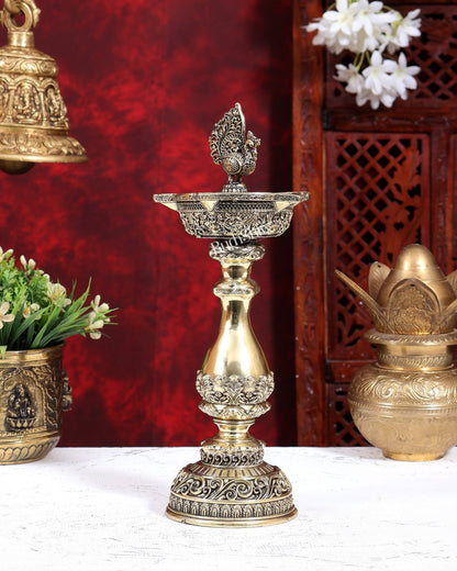 Brass Superfine Peacock Annam Pakshi Diya Oil Lamp | Intricate Carvings | Pure Brass Temple Lamp 12 inch - Budhshiv.com