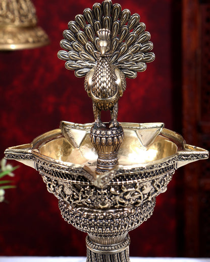 Brass Superfine Peacock Lamp Open Wings | Intricate Carvings | Pure Brass Mayura Diya Temple Oil Lamp 12.5 inch - Budhshiv.com
