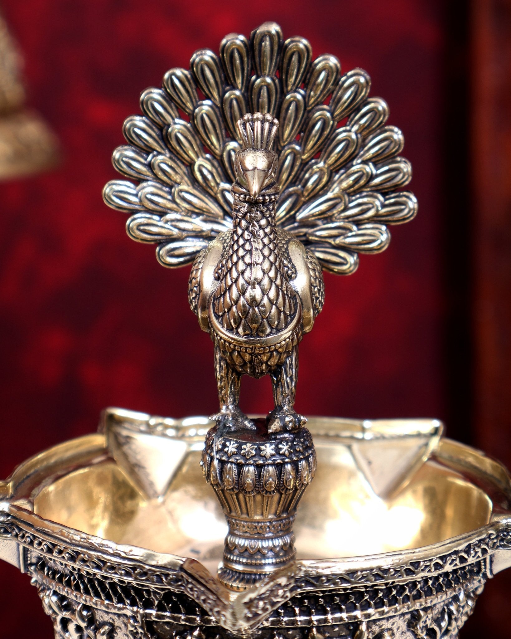 Brass Superfine Peacock Lamp Open Wings | Intricate Carvings | Pure Brass Mayura Diya Temple Oil Lamp 12.5 inch - Budhshiv.com