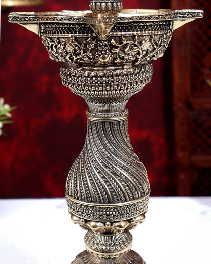 Brass Superfine Peacock Lamp Open Wings | Intricate Carvings | Pure Brass Mayura Diya Temple Oil Lamp 12.5 inch - Budhshiv.com