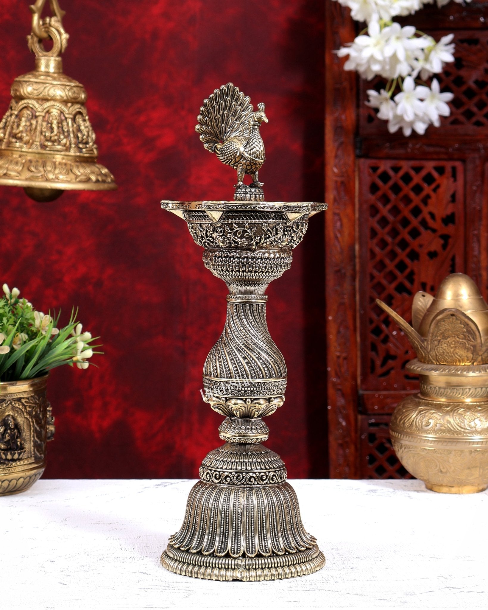 Brass Superfine Peacock Lamp Open Wings | Intricate Carvings | Pure Brass Mayura Diya Temple Oil Lamp 12.5 inch - Budhshiv.com