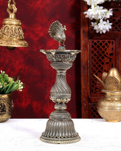Brass Superfine Peacock Lamp Open Wings | Intricate Carvings | Pure Brass Mayura Diya Temple Oil Lamp 12.5 inch - Budhshiv.com