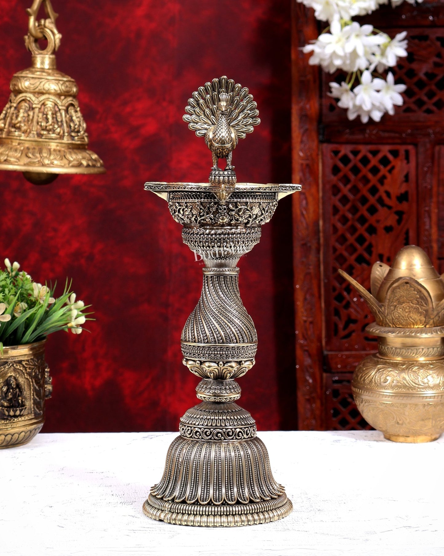 Brass Superfine Peacock Lamp Open Wings | Intricate Carvings | Pure Brass Mayura Diya Temple Oil Lamp 12.5 inch - Budhshiv.com