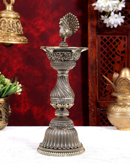 Brass Superfine Peacock Lamp Open Wings | Intricate Carvings | Pure Brass Mayura Diya Temple Oil Lamp 12.5 inch - Budhshiv.com