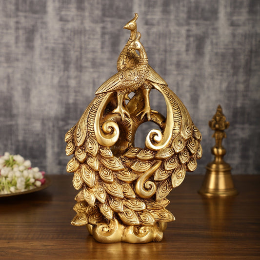 Brass Superfine Peacock Pair Sitting on Tree Trunk | 12 Inch Height | 4 KG - Budhshiv.com