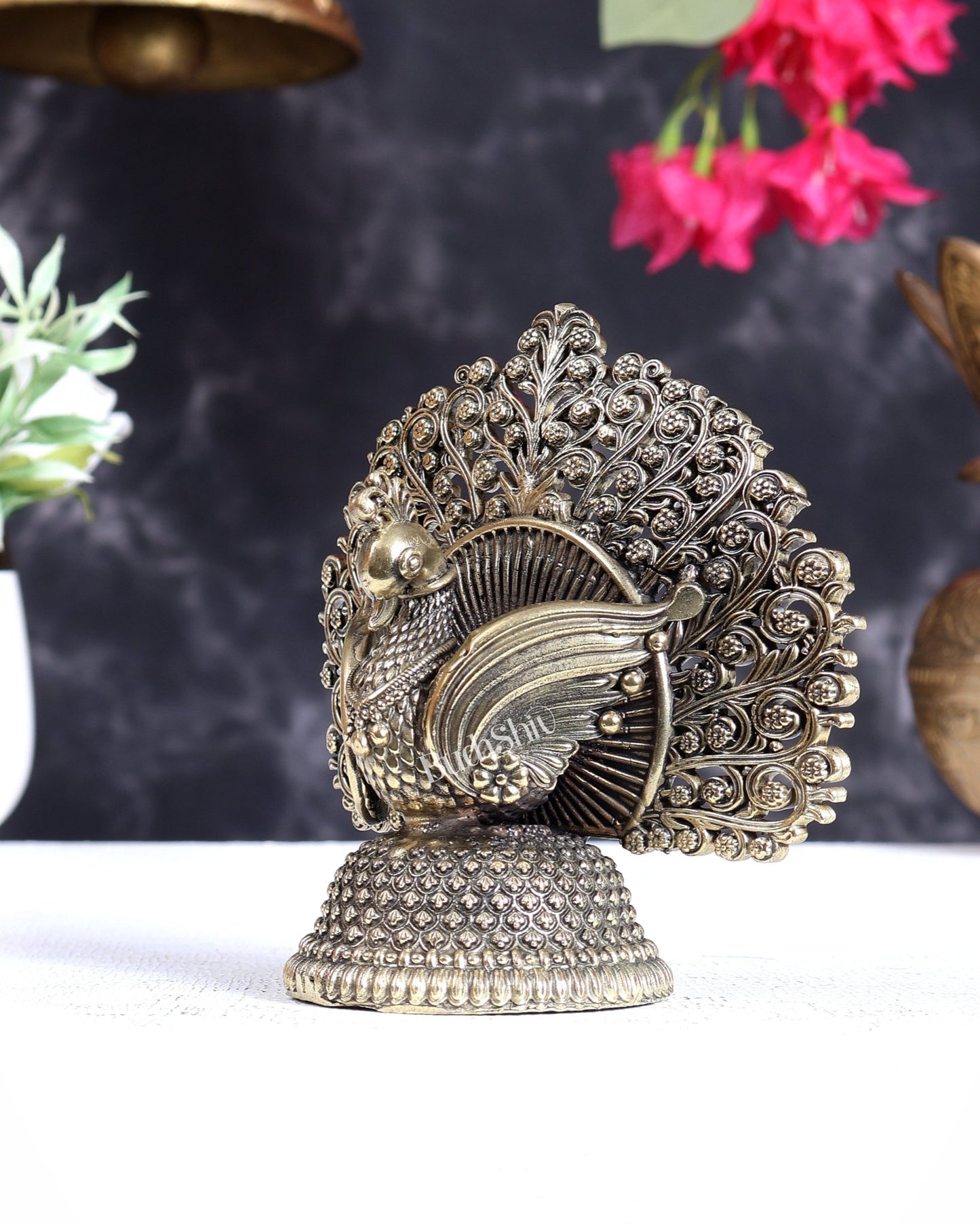 Brass Superfine Peacock with Open Wings – Vastu Compliant Handcrafted Sculpture 4.5 inch - Budhshiv.com