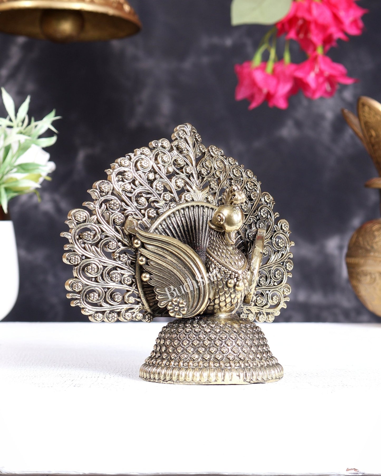 Brass Superfine Peacock with Open Wings – Vastu Compliant Handcrafted Sculpture 4.5 inch - Budhshiv.com
