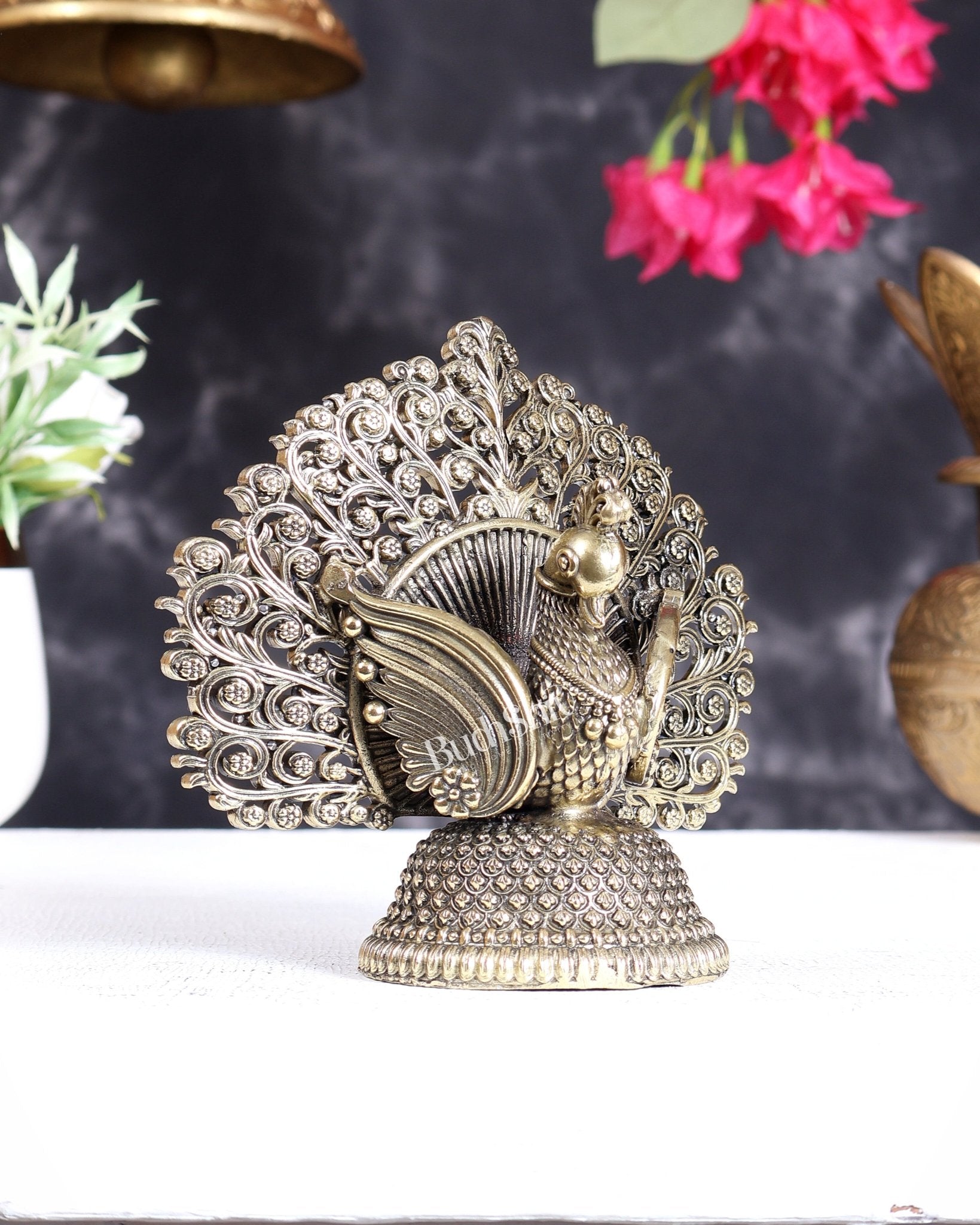 Brass Superfine Peacock with Open Wings – Vastu Compliant Handcrafted Sculpture 4.5 inch - Budhshiv.com