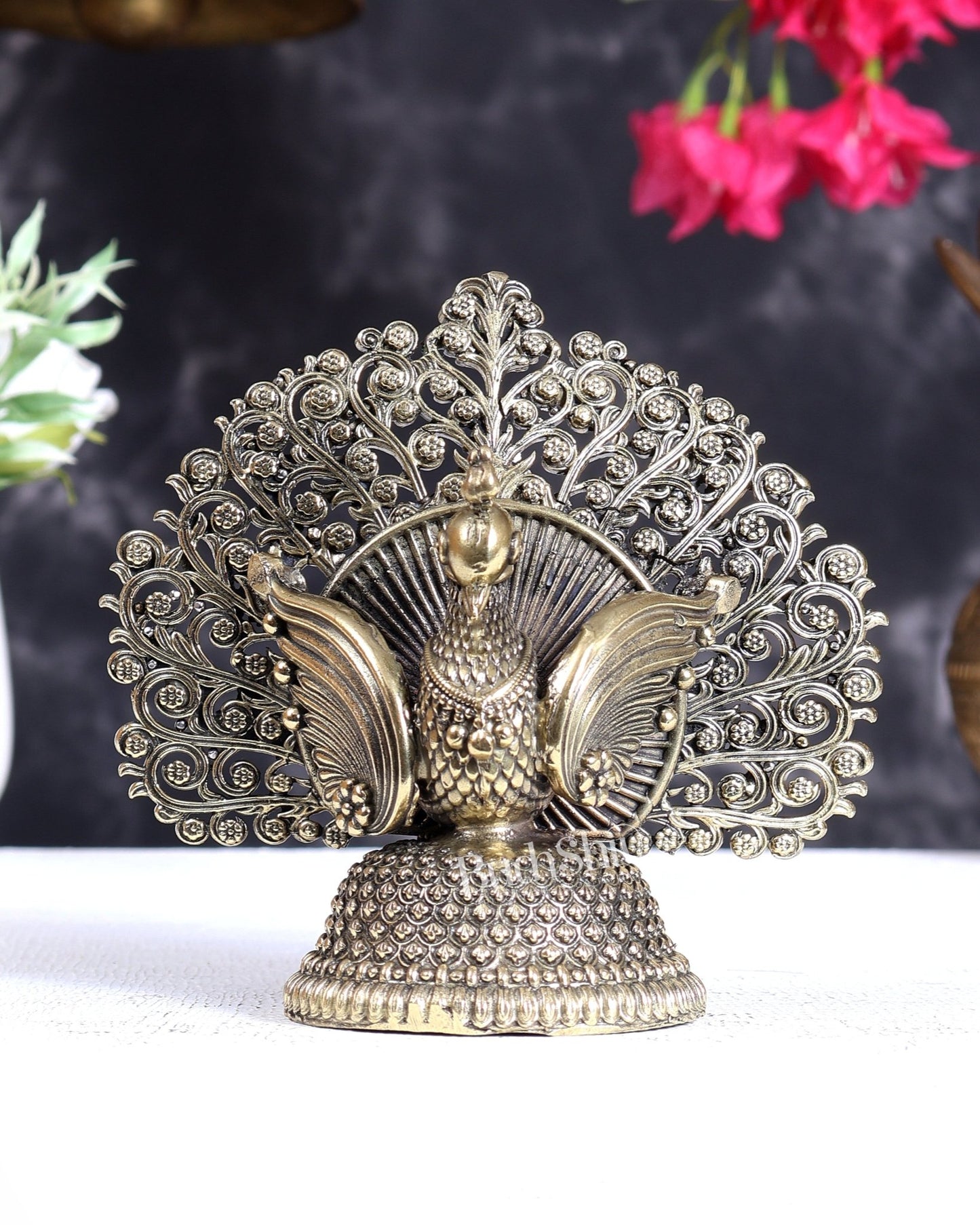 Brass Superfine Peacock with Open Wings – Vastu Compliant Handcrafted Sculpture 4.5 inch - Budhshiv.com