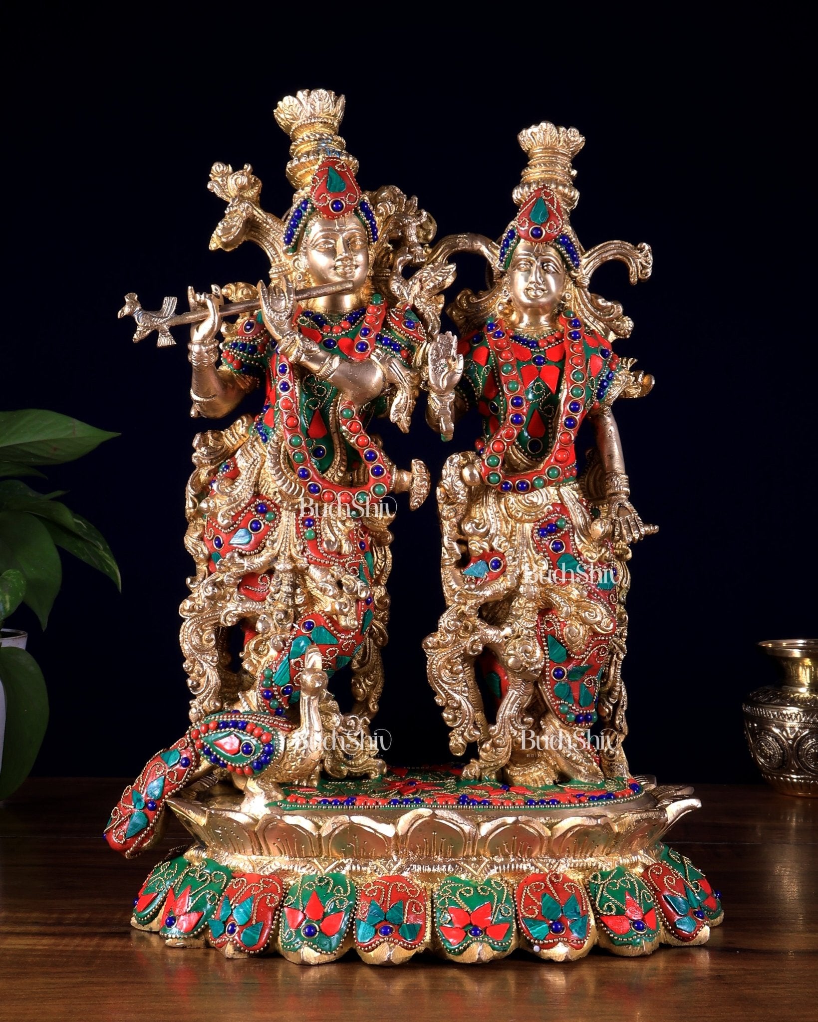 Brass Superfine Radha Krishna 14 inch meenakari sculpture - Budhshiv.com