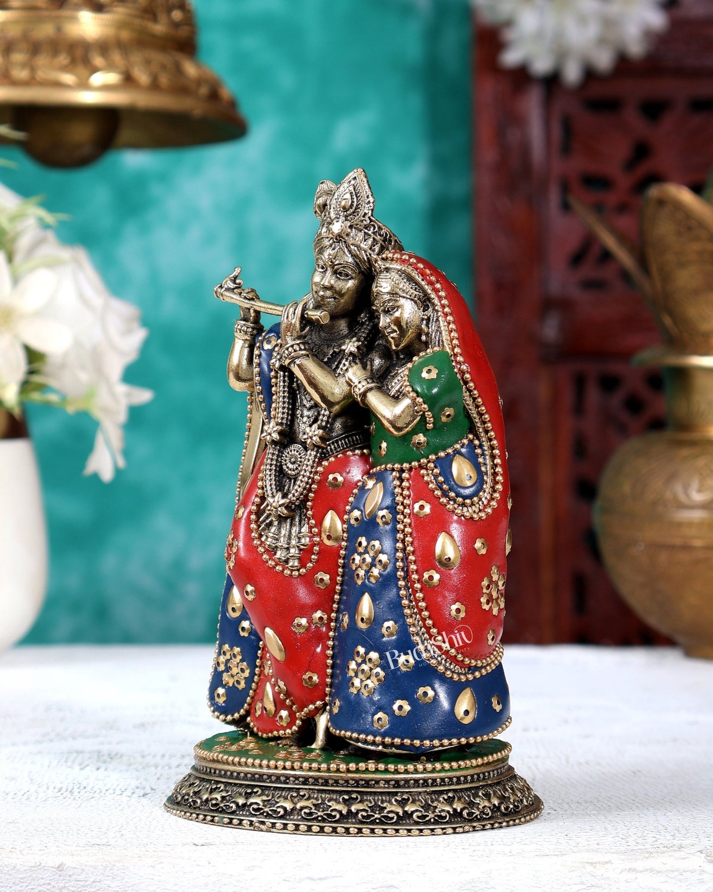 Brass Superfine Radha Krishna Idol – Intricate Carvings Divine Statue (5.5 Inches) meenakari - Budhshiv.com