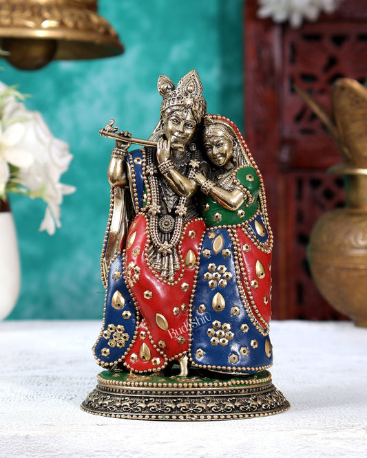 Brass Superfine Radha Krishna Idol – Intricate Carvings Divine Statue (5.5 Inches) meenakari - Budhshiv.com
