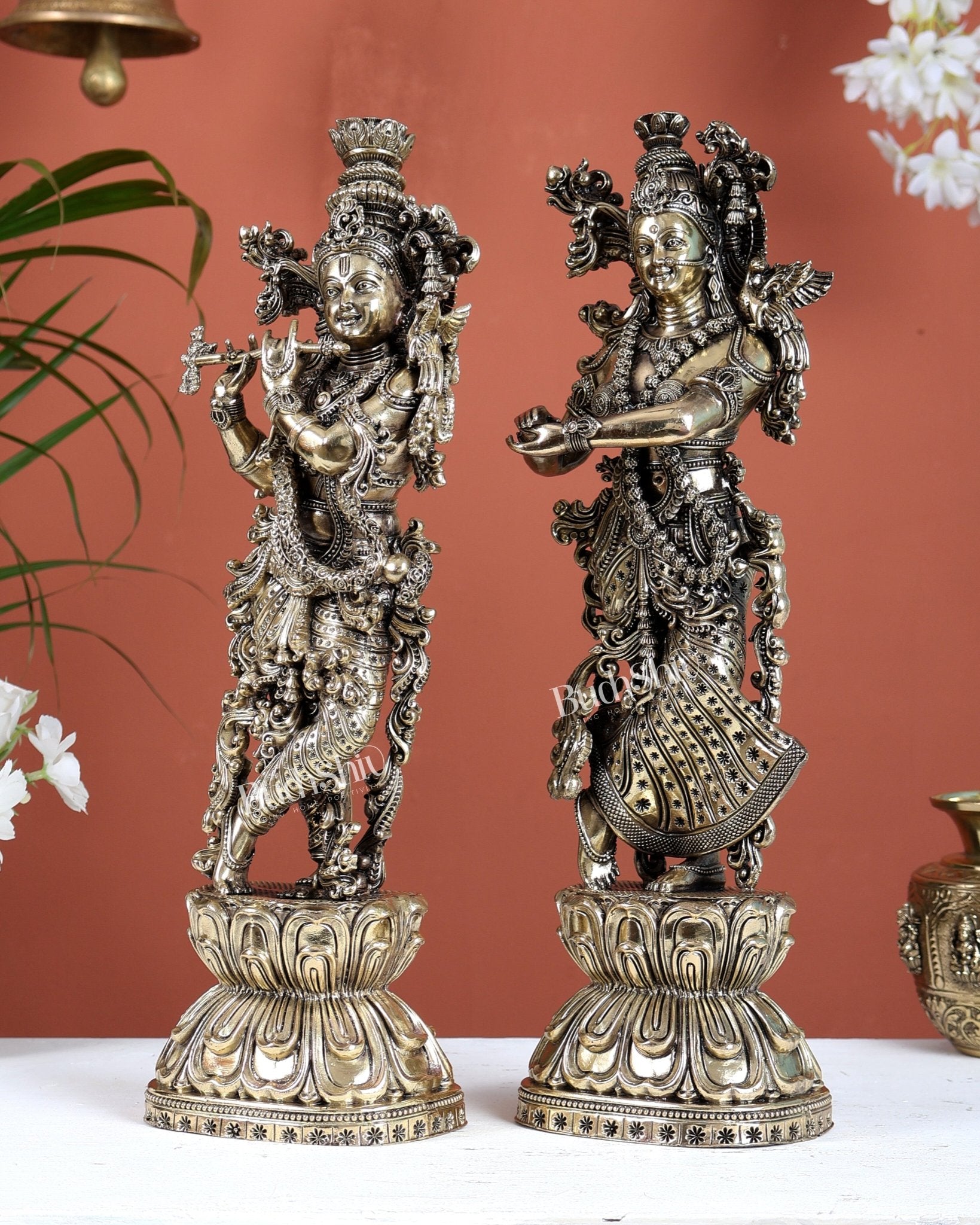 Brass Superfine Radha Krishna Idol Pair – Intricately Handcrafted Divine Sculpture (14.5 Inches) - Budhshiv.com