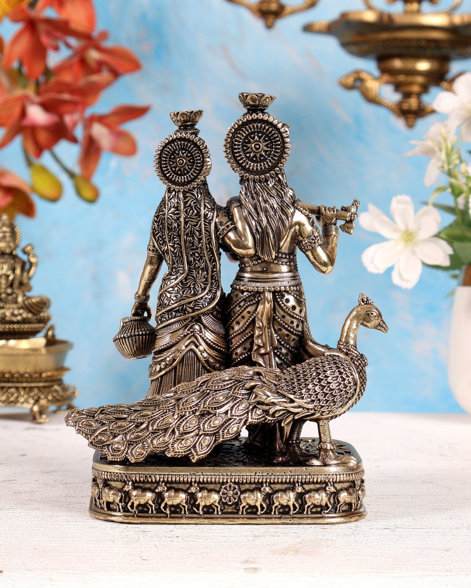Brass Superfine Radha Krishna Idol with Peacock – 6 Inch Divine Murti - Budhshiv.com