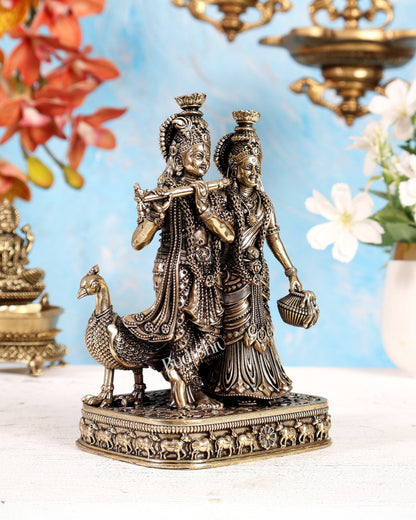 Brass Superfine Radha Krishna Idol with Peacock – 6 Inch Divine Murti - Budhshiv.com