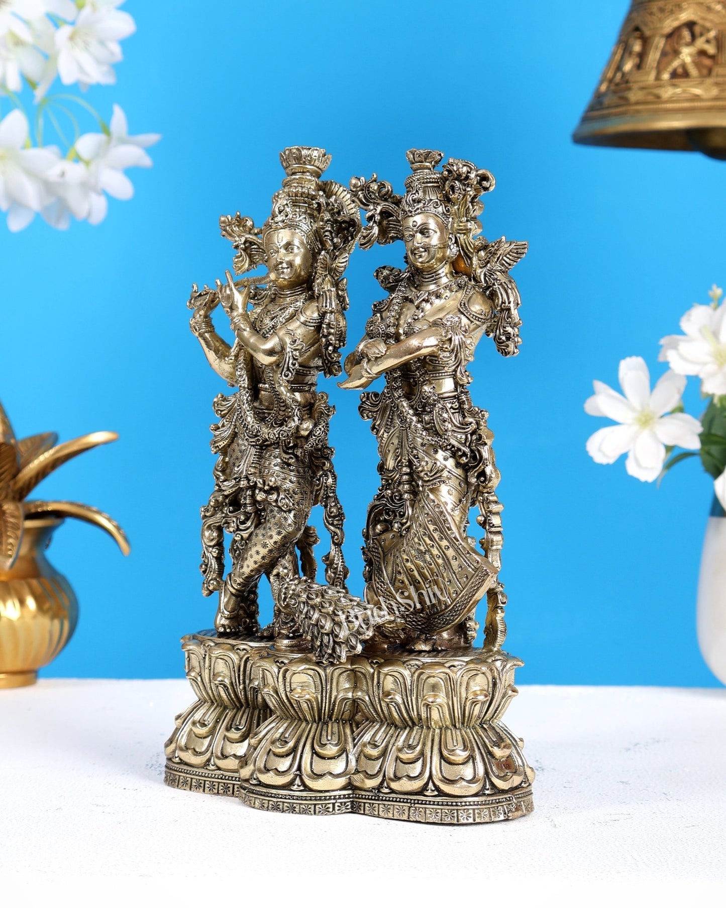 Brass Superfine Radha Krishna Idol with Peacock – Intricate Divine Sculpture (8 Inches) - Budhshiv.com
