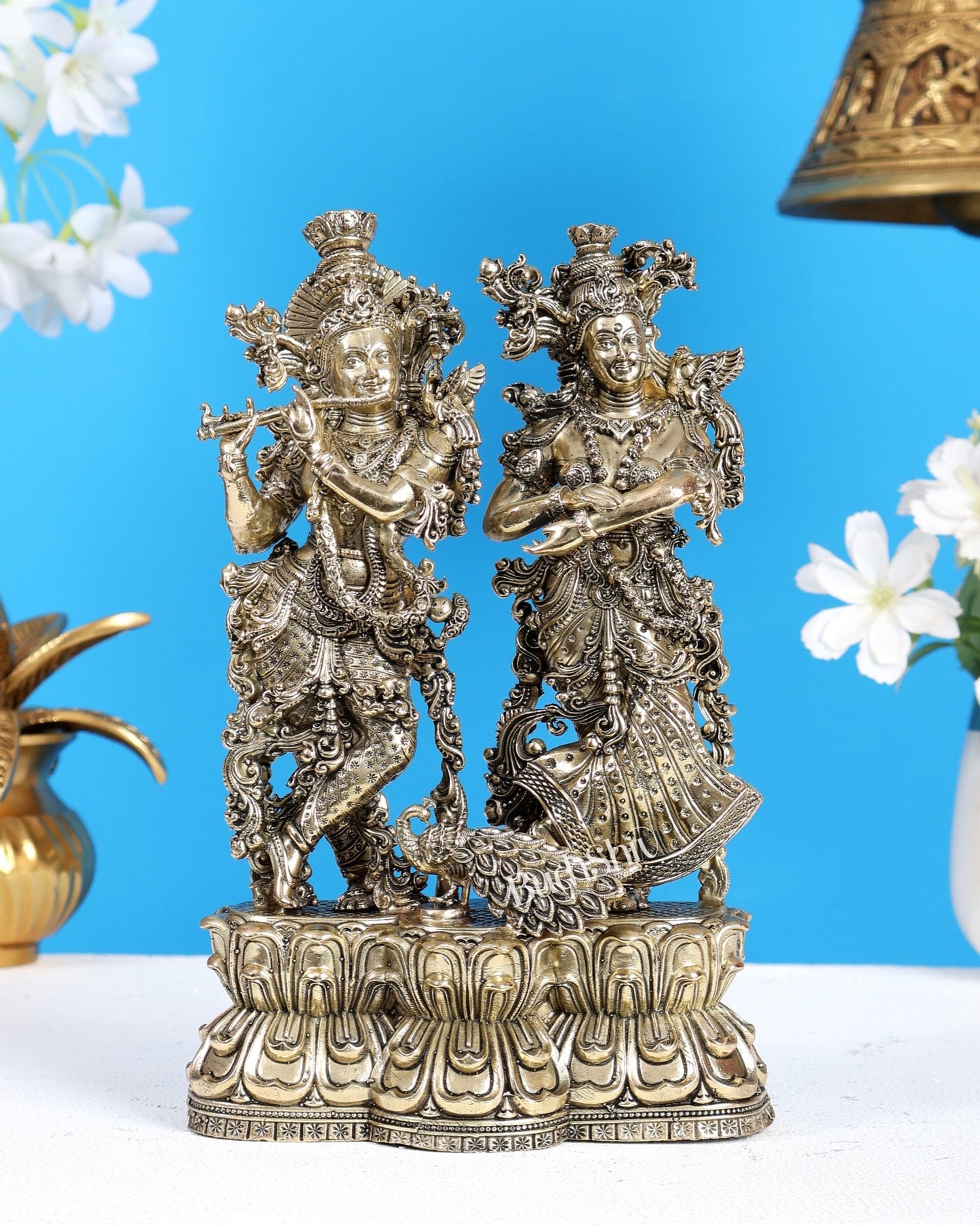 Brass Superfine Radha Krishna Idol with Peacock – Intricate Divine Sculpture (8 Inches) - Budhshiv.com