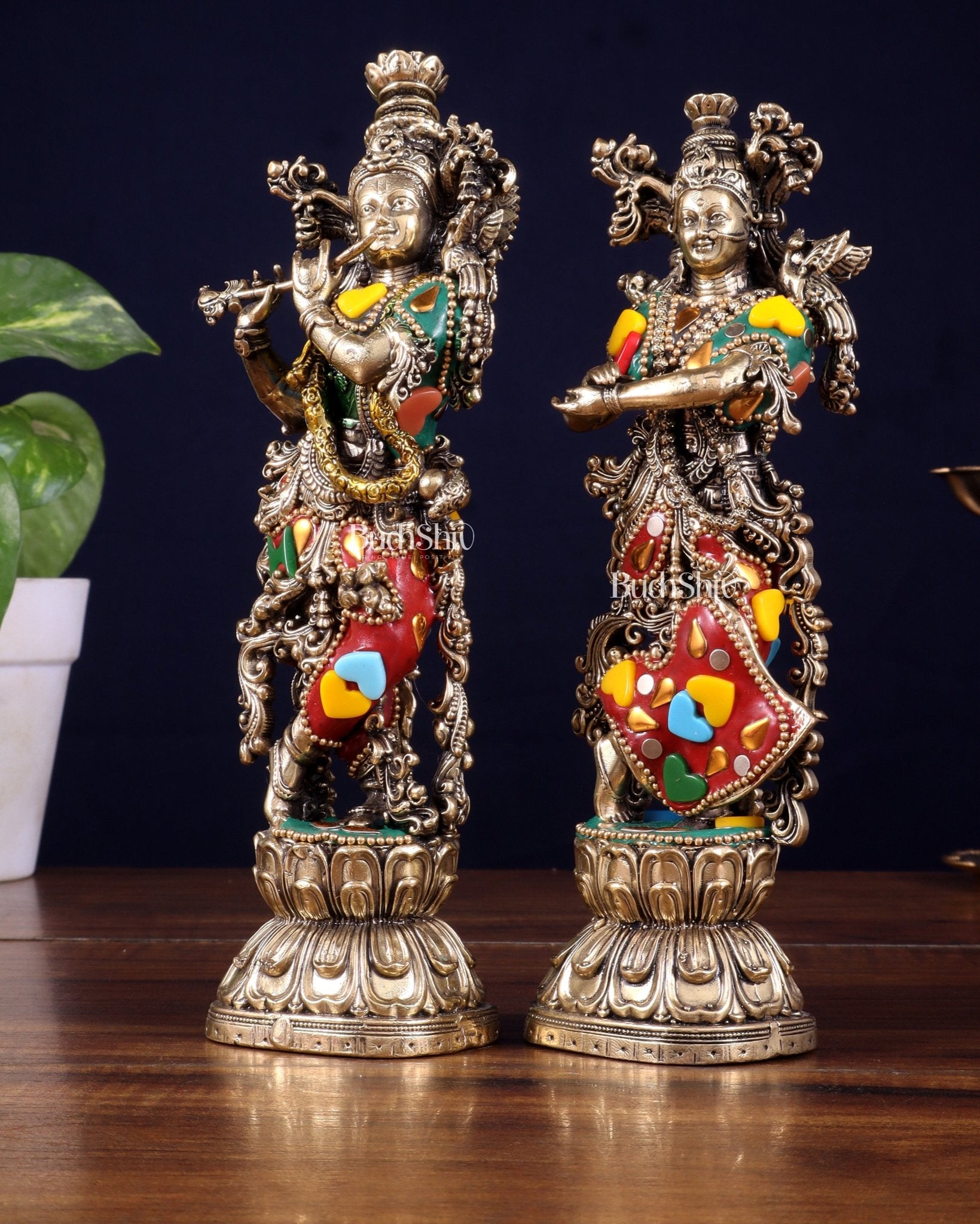 Brass Superfine Radha Krishna Idols 8" meenakari Stonework - Budhshiv.com