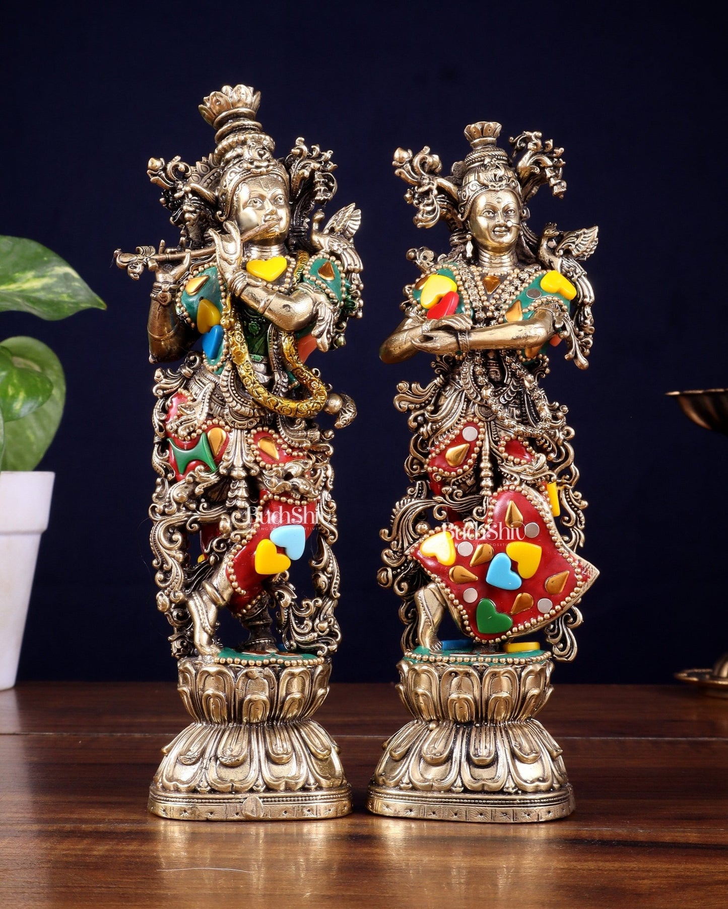 Brass Superfine Radha Krishna Idols 8" meenakari Stonework - Budhshiv.com