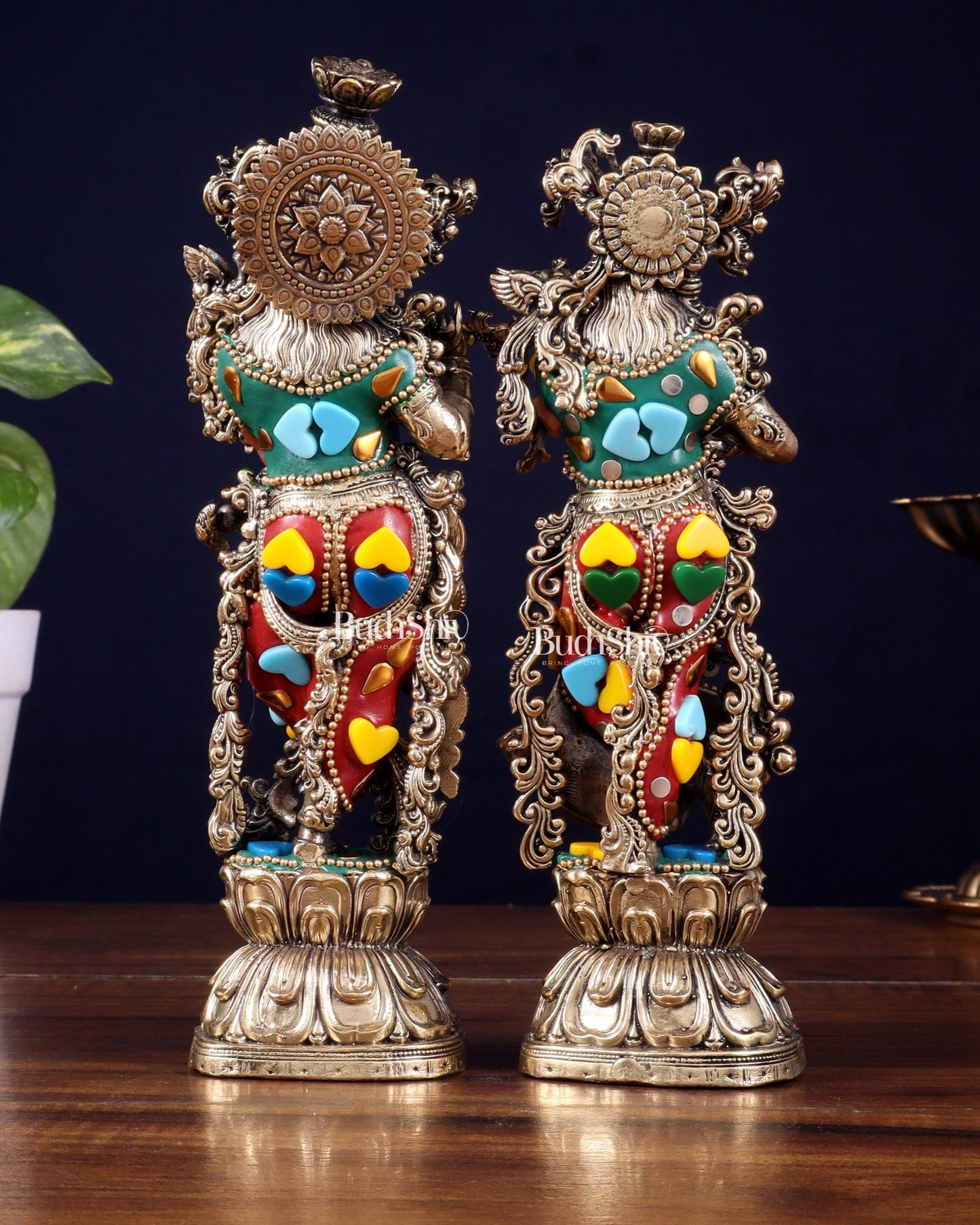 Brass Superfine Radha Krishna Idols 8" meenakari Stonework - Budhshiv.com