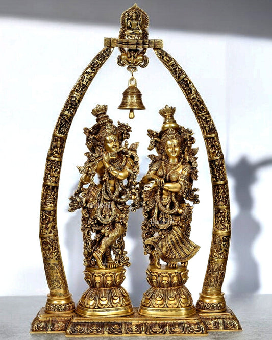 Brass Superfine Radha Krishna Idols with Engraved Pillars 45 inch - Budhshiv.com