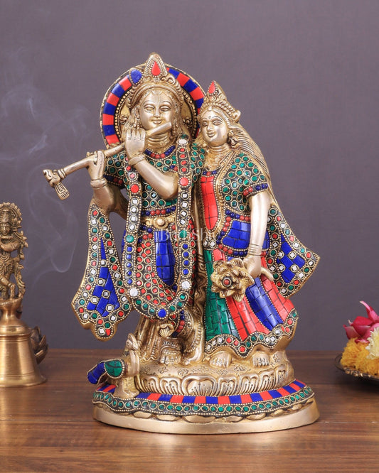 Brass Superfine Radha Krishna together idol - 12 inches with stonework - Budhshiv.com