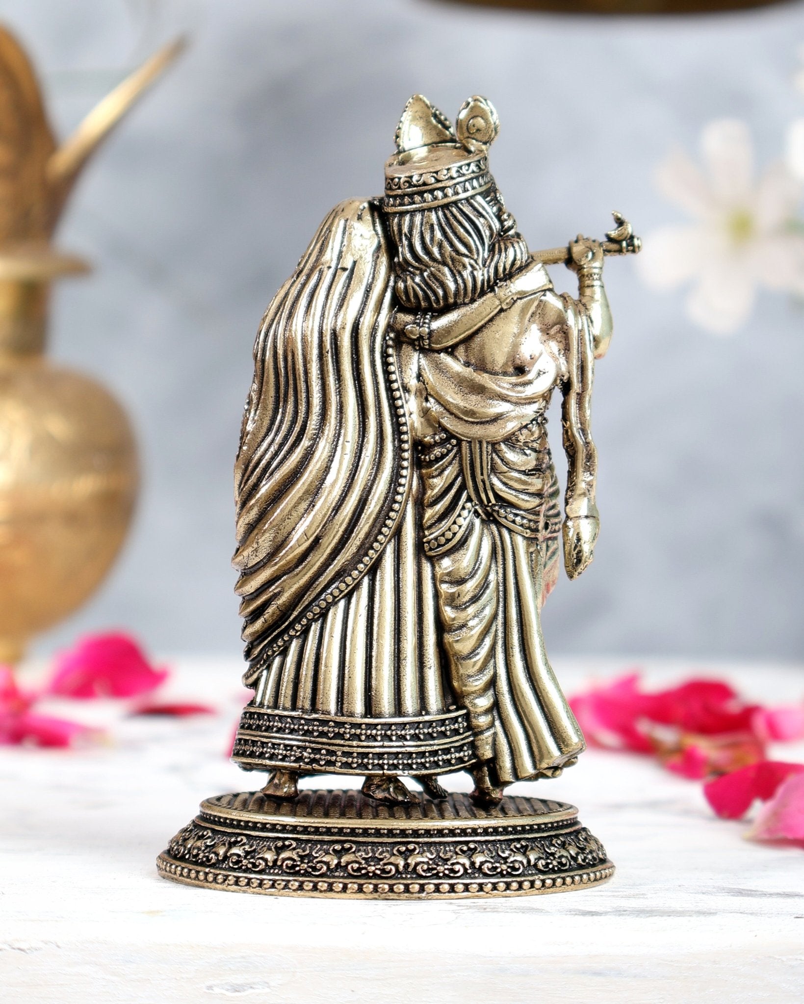 Brass Superfine Radha Krishna Together Idols – Intricately Carved 4" - Budhshiv.com